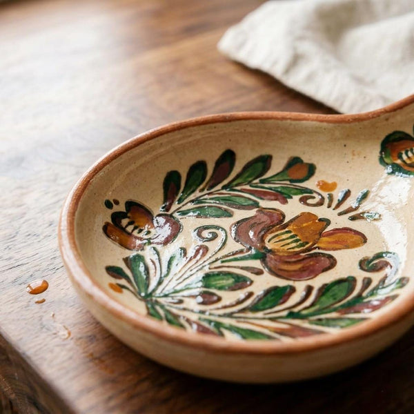 Suport Ceramic Pictat Manual pentru Lingură de Bucătărie – Decor Floral Tradițional - Detaliu 2