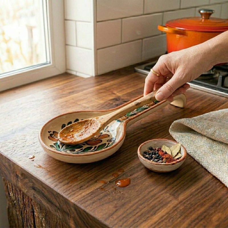 Suport Ceramic Pictat Manual pentru Lingură de Bucătărie – Decor Floral Tradițional