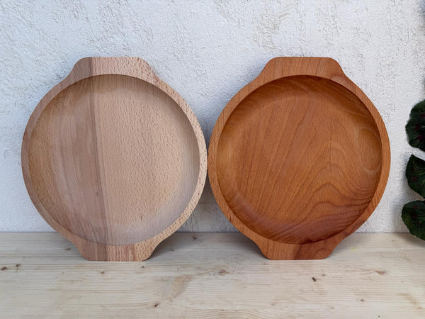 Platou Rotund din Lemn Masiv cu Mânere Metalice – Tavă Mic Dejun & Servire Rustic
