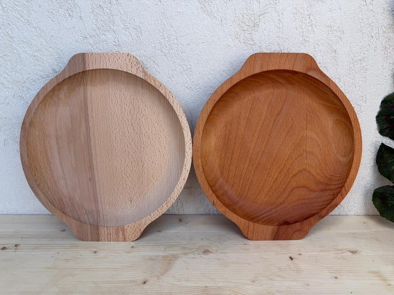 Platou Rotund din Lemn Masiv cu Mânere Metalice – Tavă Mic Dejun & Servire Rustic