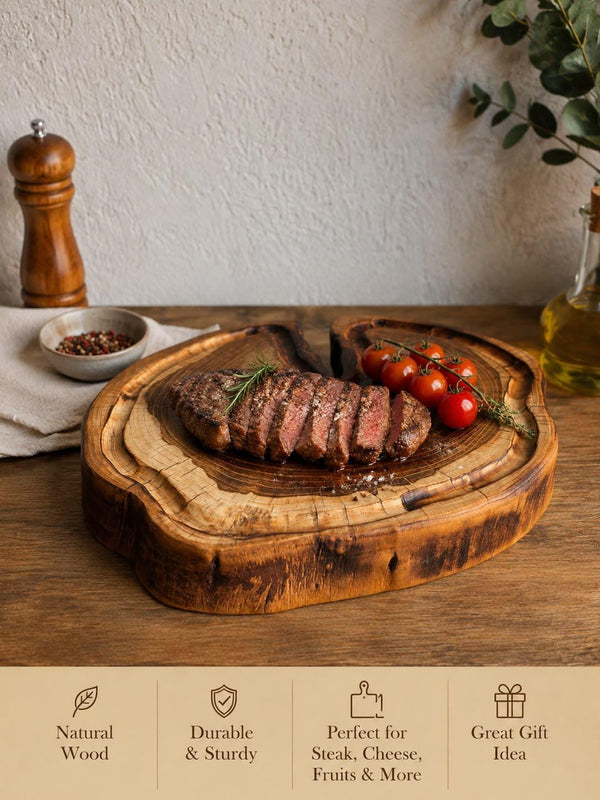 Tocător Vintage Masiv din Nuc cu Margine de Scoarță Naturală – Platou Servire Friptură