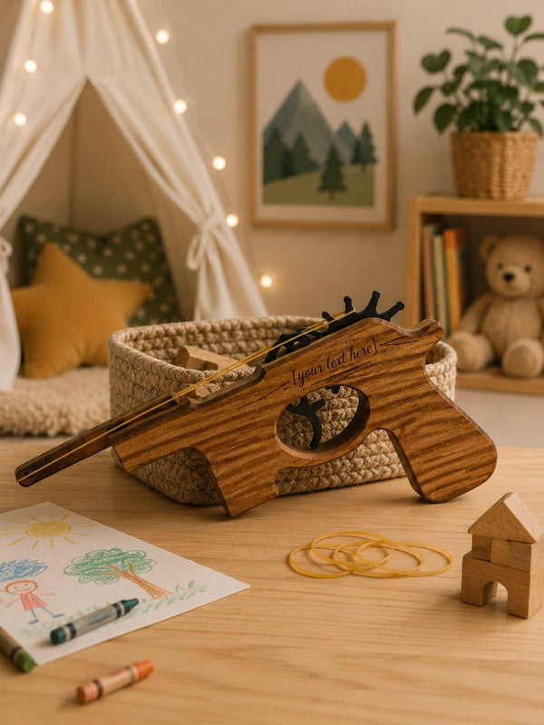 Pistol de Jucărie din Lemn cu Elastice – Personalizabil prin Gravură Nume - Detaliu 4